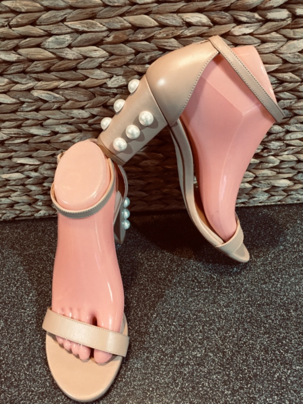 Stuart Weitzman Nude Beige Pearl-Embellished Block Heel Sandals - Picture 4 of 15